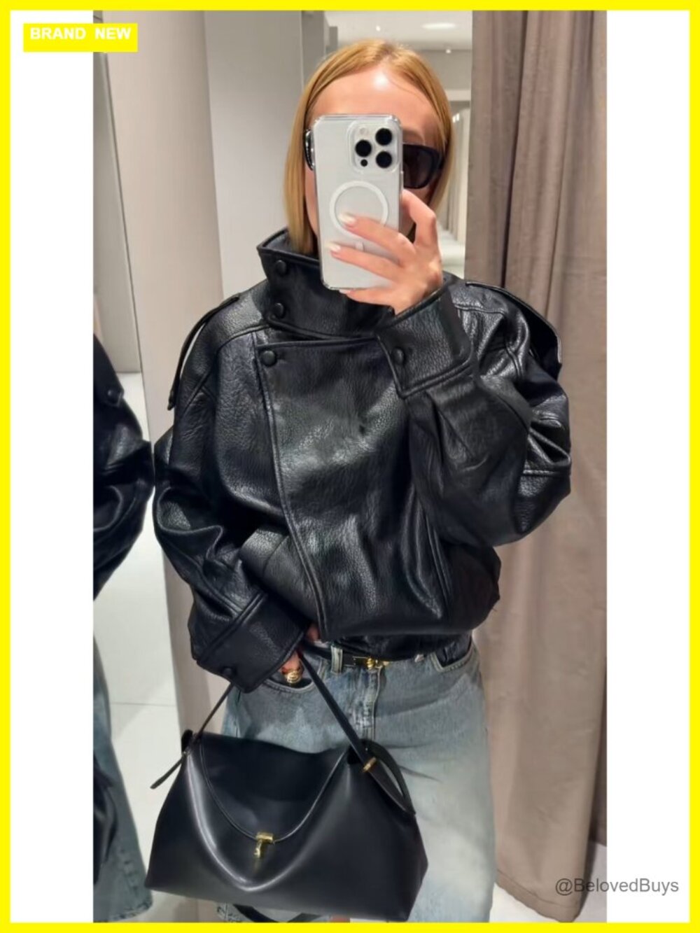 Oversized Faux Leather Motorcycle Jacket Long Sleeve Zip Up - Picture 7 of 7